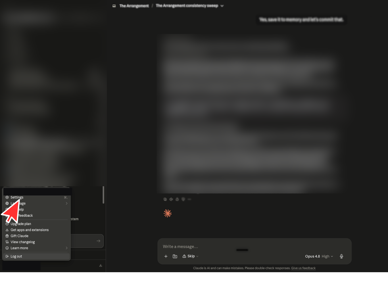 Claude with the account menu open and an arrow pointing to Settings