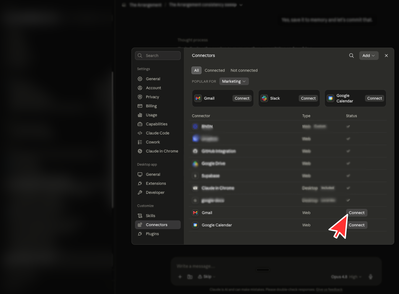 Connectors list with an arrow pointing to the Gmail Connect button