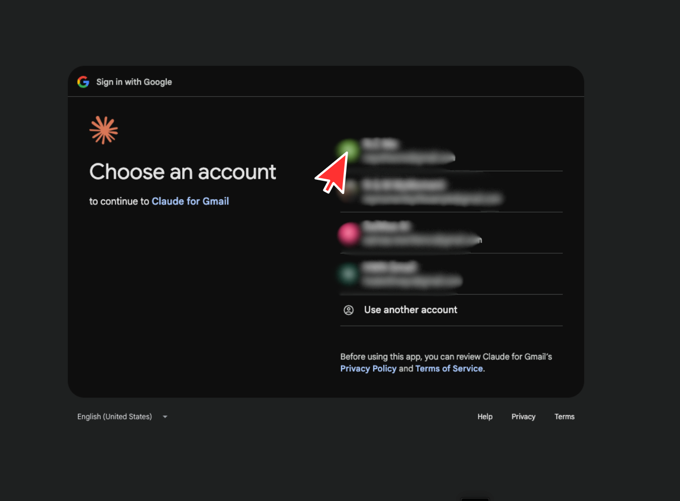 Google account chooser for connecting Claude to Gmail