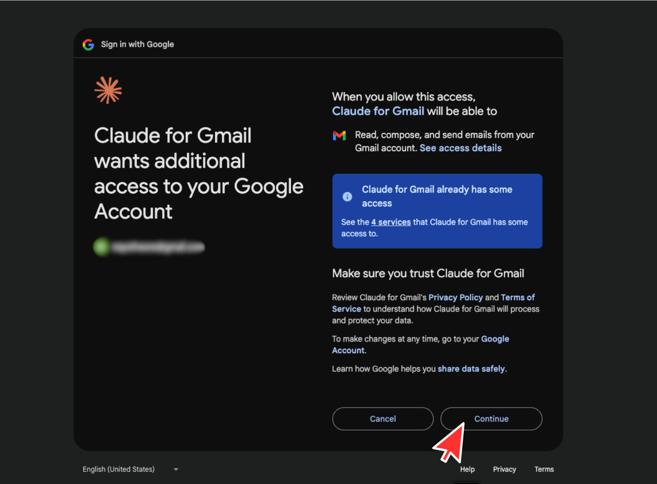 Google access screen listing what is being turned on, with the Continue button