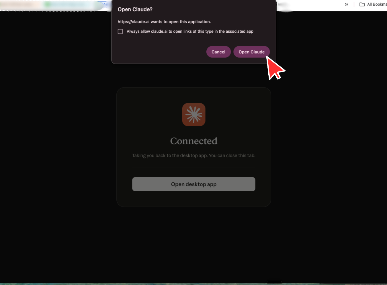Browser prompt asking to open Claude