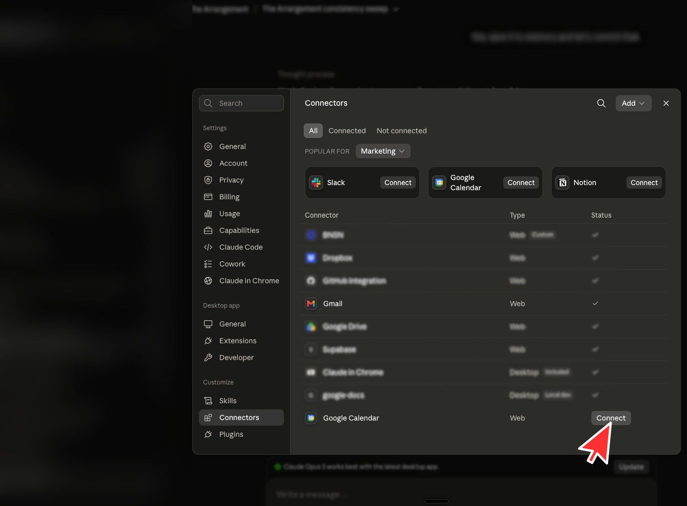 Connectors list with Gmail connected and checkmarked, arrow pointing to Google Calendar Connect