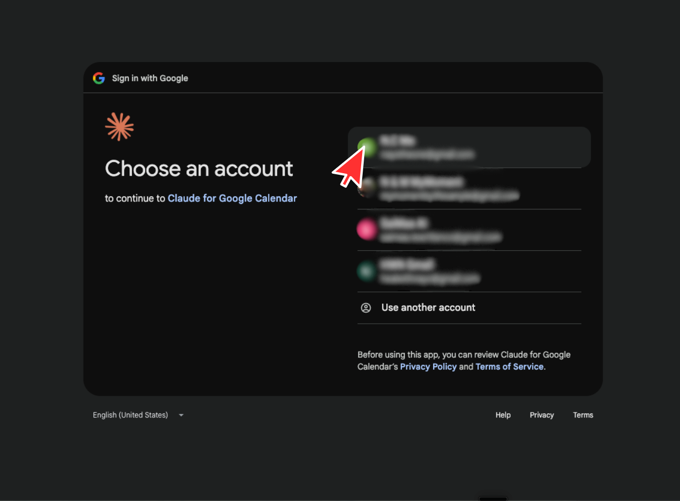 Google account chooser for connecting Claude to Google Calendar