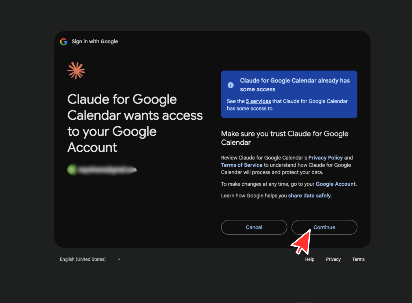 Google Calendar access screen with the Continue button