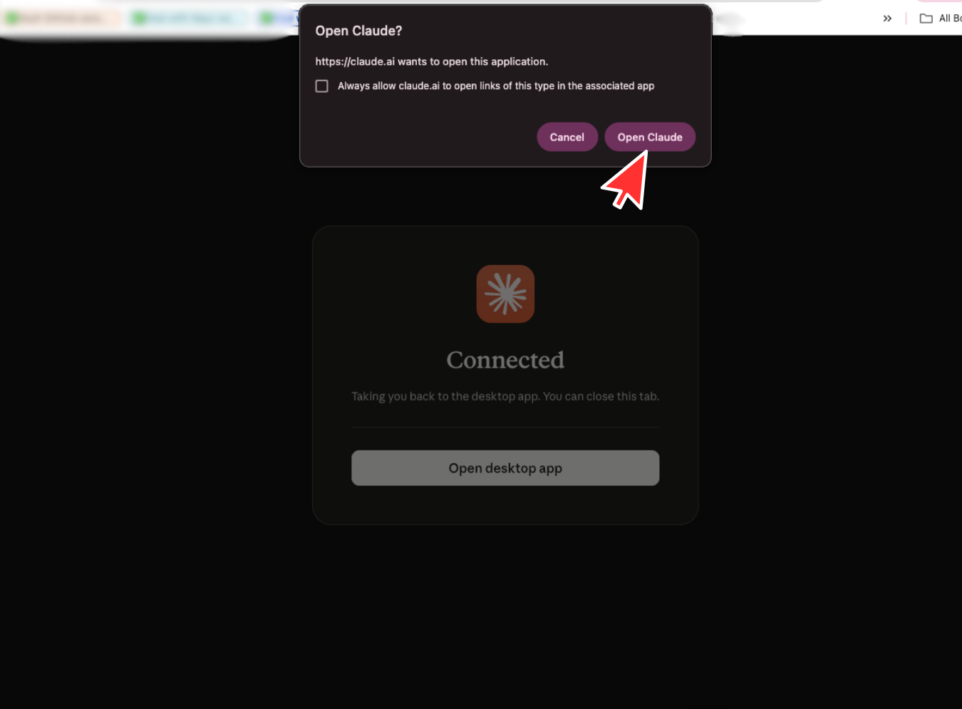 Browser prompt asking to open Claude after connecting Calendar