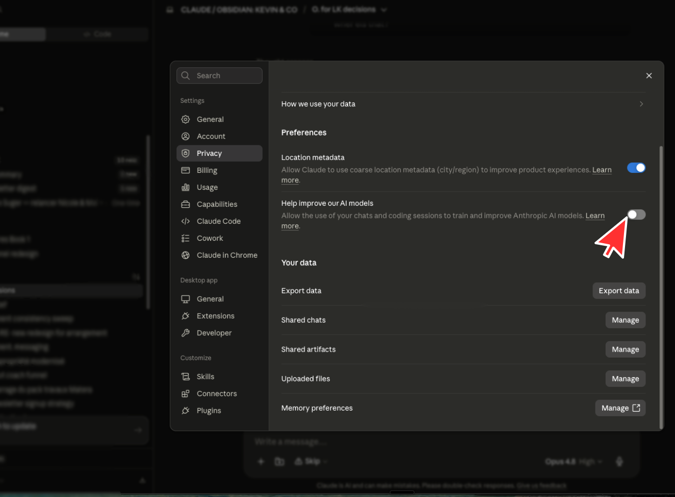 Privacy settings with the Help improve our AI models toggle switched off